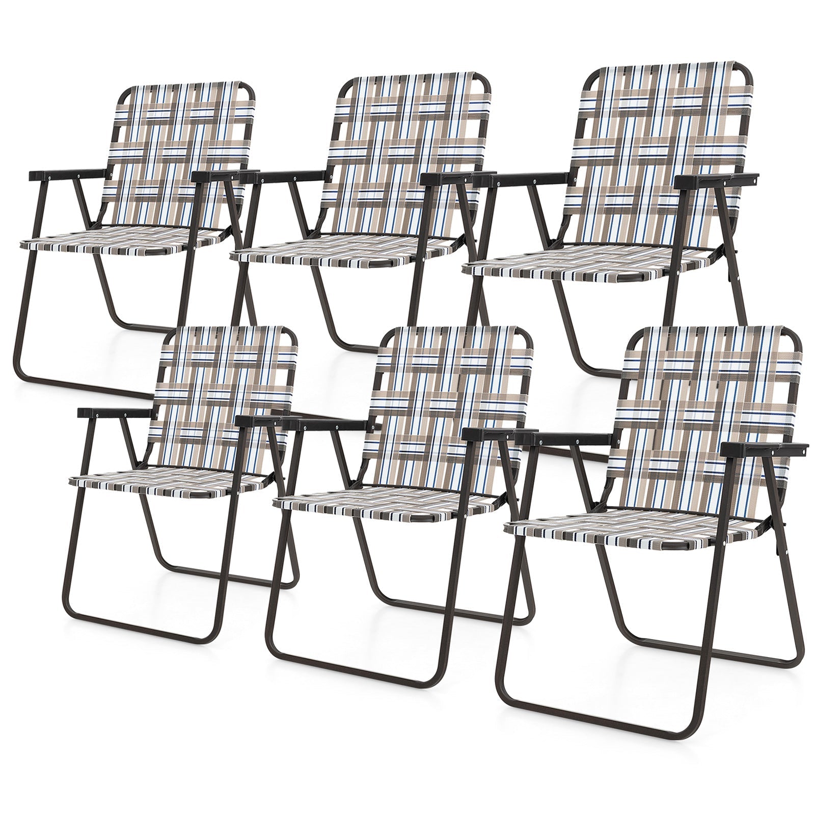 GemGear 6-piece folding beach chair set with beige, blue and white webbing and black frames on Tampa Home & Garden Store