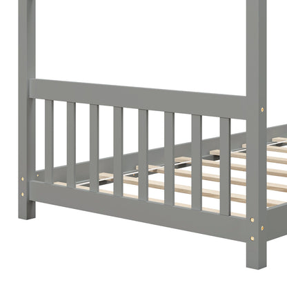 Cama de madera con forma de casa de tamaño individual con techo - Gris
