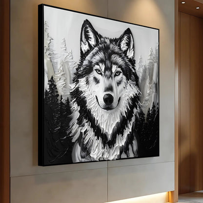 3D Wolf Wall Art IV canvas framed in black monochrome textured wolf by Tailored Canvases on Tampa Home & Garden Store