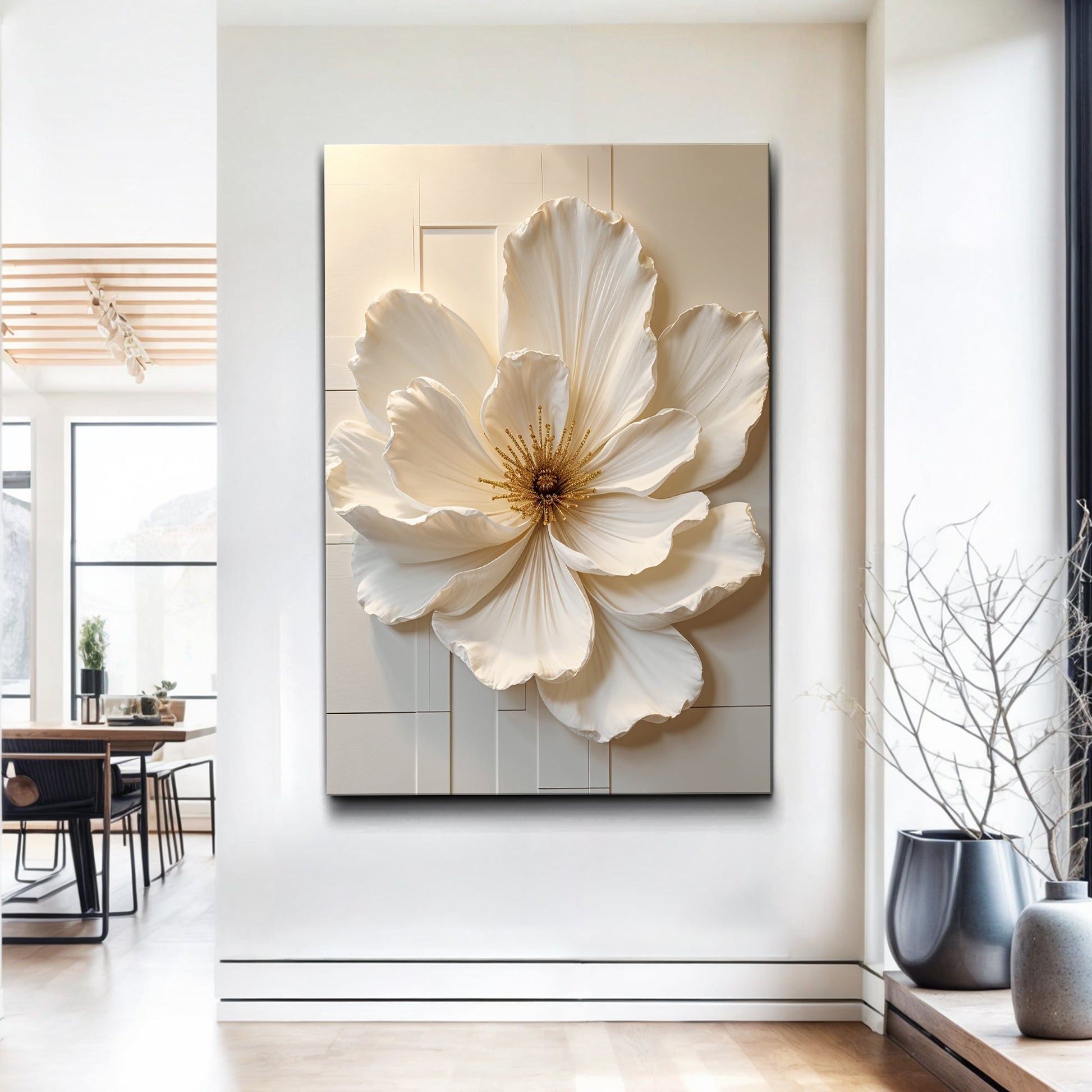 Modern Bloom Essence Wall Art canvas by Tailored Canvases with a white flower on beige panel on Tampa Home & Garden Store