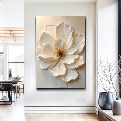 Modern Bloom Essence Wall Art canvas by Tailored Canvases with a white flower on beige panel on Tampa Home & Garden Store