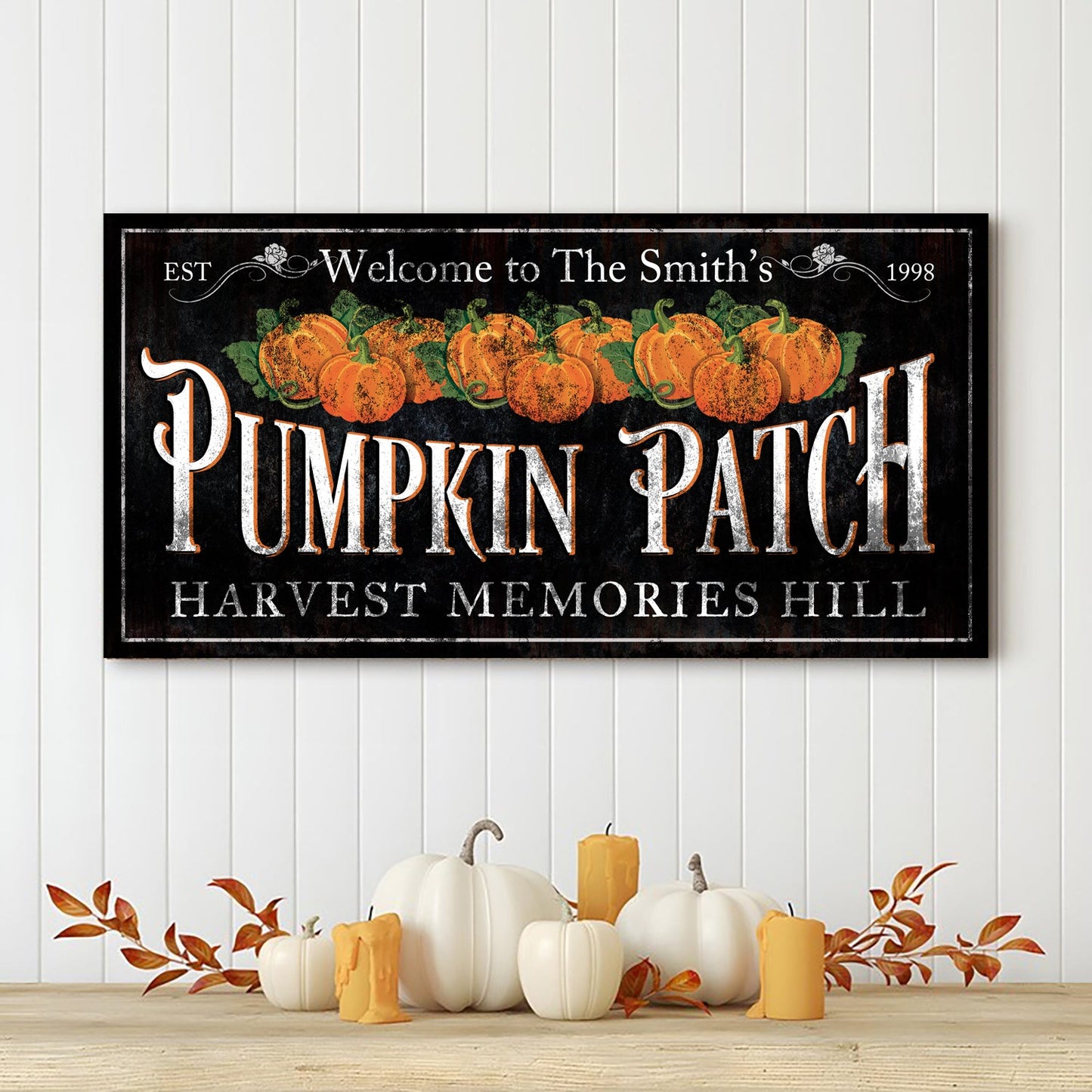 Personalized Pumpkin Patch Sign canvas with orange pumpkins on black chalkboard on Tampa Home & Garden Store