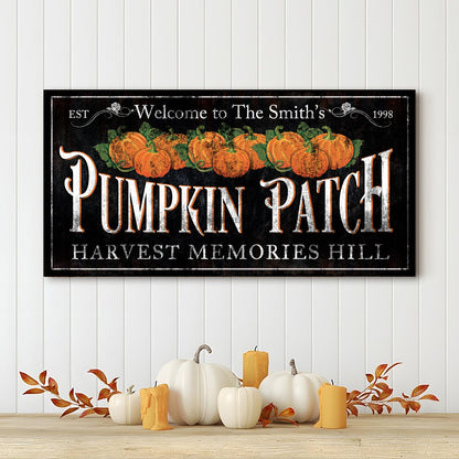 Personalized Pumpkin Patch Sign canvas with orange pumpkins on black chalkboard on Tampa Home & Garden Store