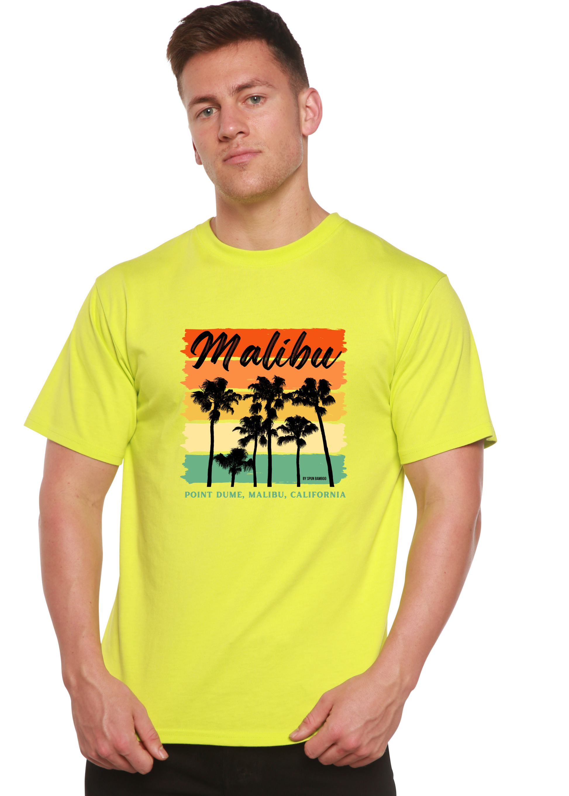 Malibu unisex bamboo tee neon yellow palm trees print by Spun Bamboo on Tampa Home & Garden Store