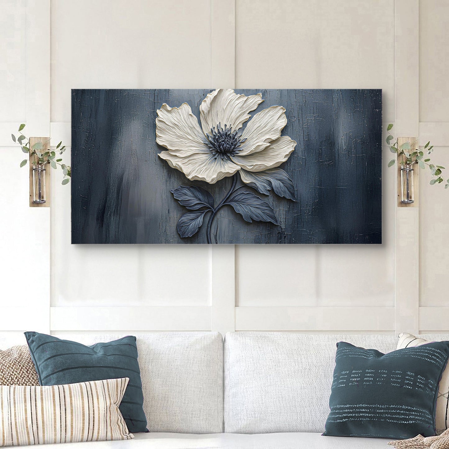 Floral Clay Relief Wall Art canvas with cream flower on blue background Tailored Canvases on Tampa Home & Garden Store