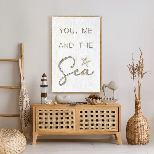 You Me and the Sea coastal sign canvas by Tailored Canvases in a whitewashed wood frame on Tampa Home & Garden Store