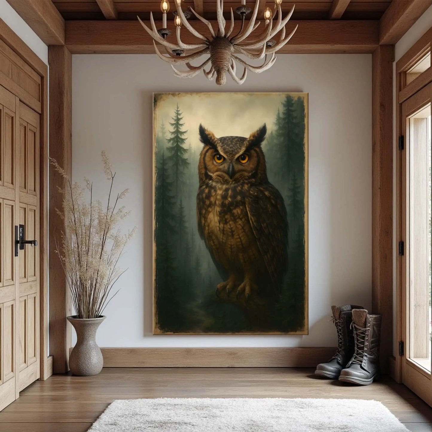 Watcher Of The Woods Owl Canvas wall art by Tailored Canvases; forest owl portrait in hall on Tampa Home & Garden Store