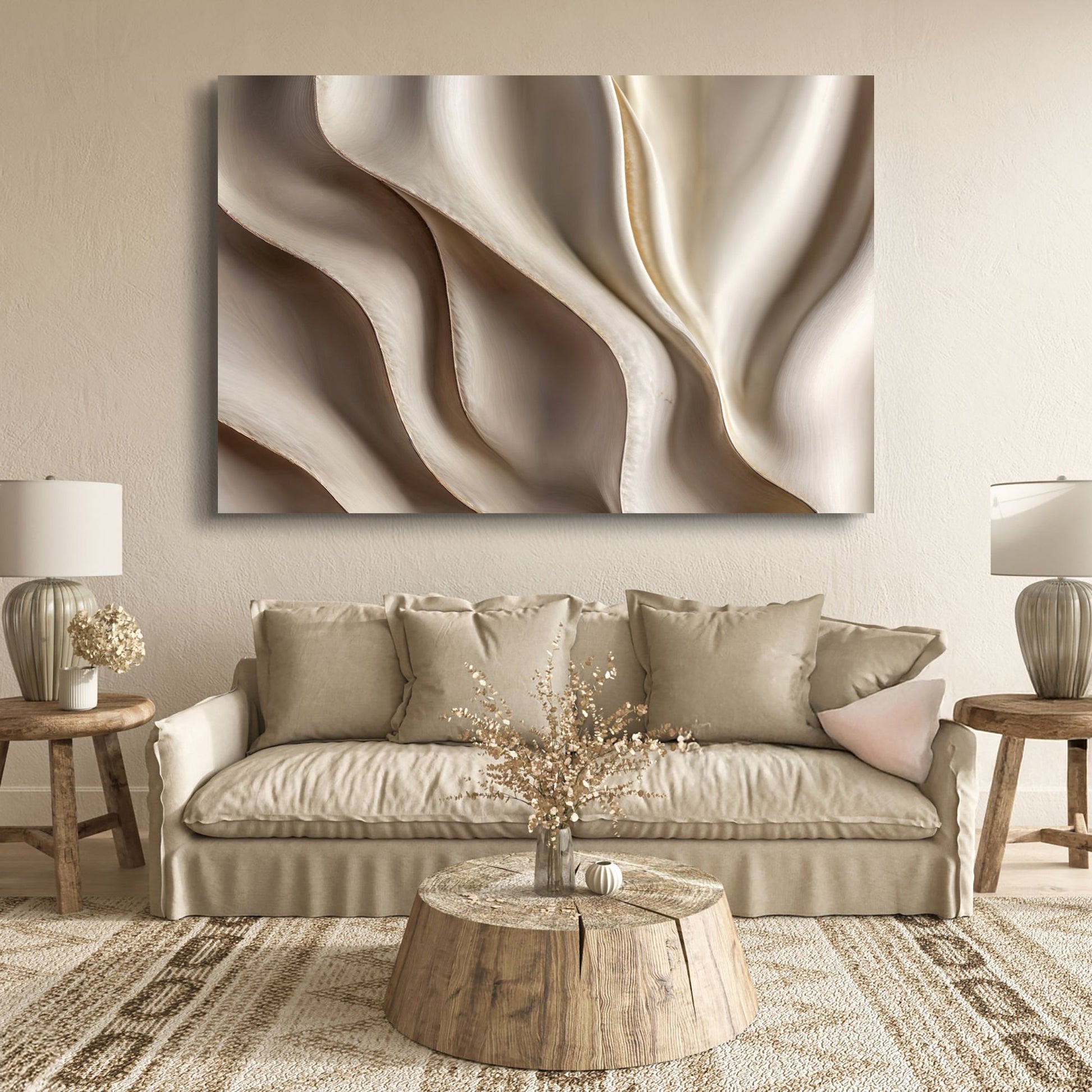 Canvas wall art Beyond the Surface – 3D Abstract Waves in beige folds by Tailored Canvases on Tampa Home & Garden Store