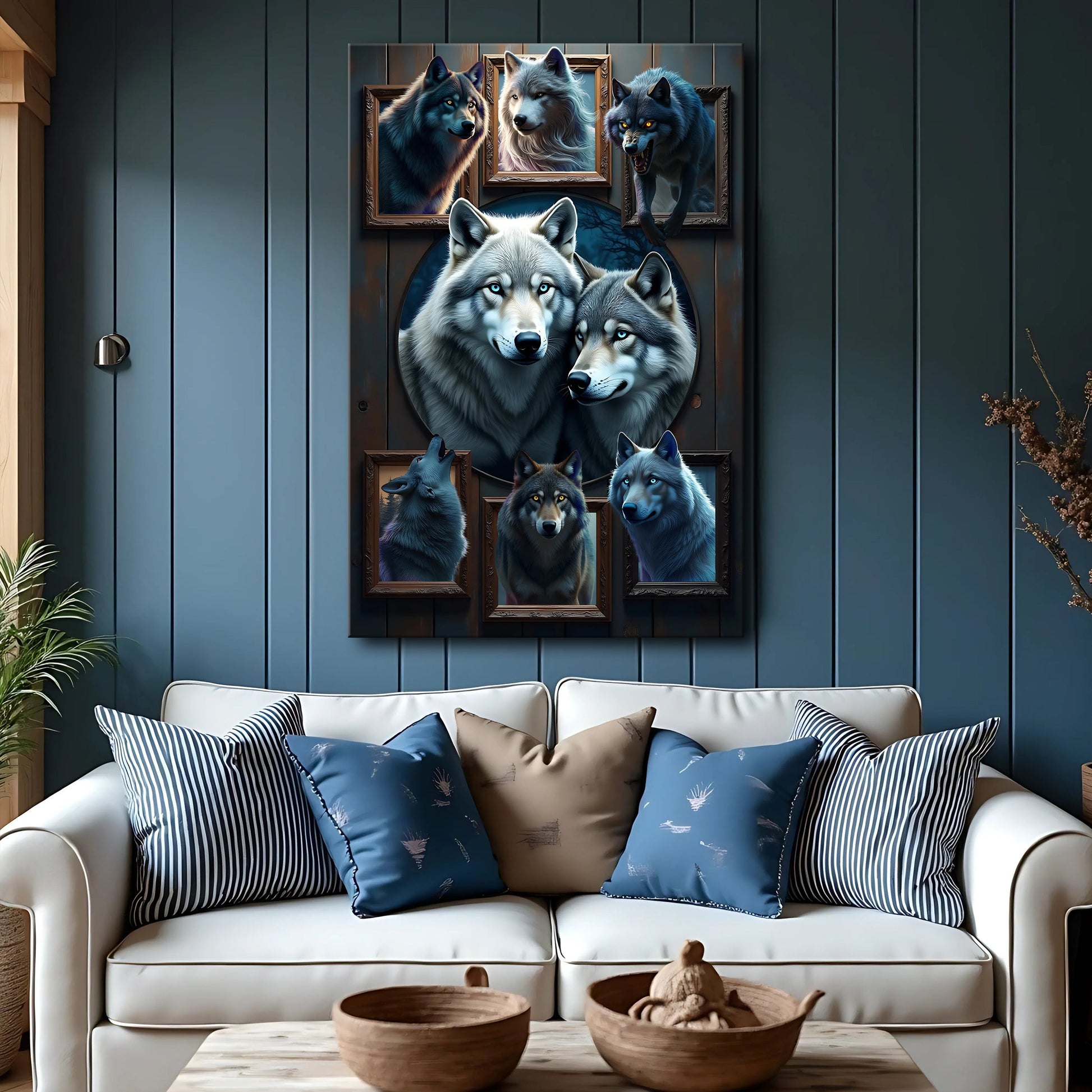 3D Wolf Collage Wall Art II canvas with framed wolves in blue-gray by Tailored Canvases on Tampa Home & Garden Store