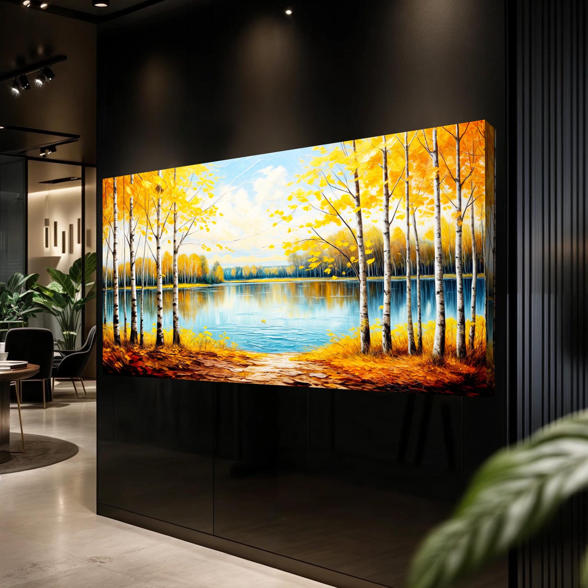 Autumn Whispers Wall Art canvas by Tailored Canvases with yellow leaves and a reflective lake on Tampa Home & Garden Store