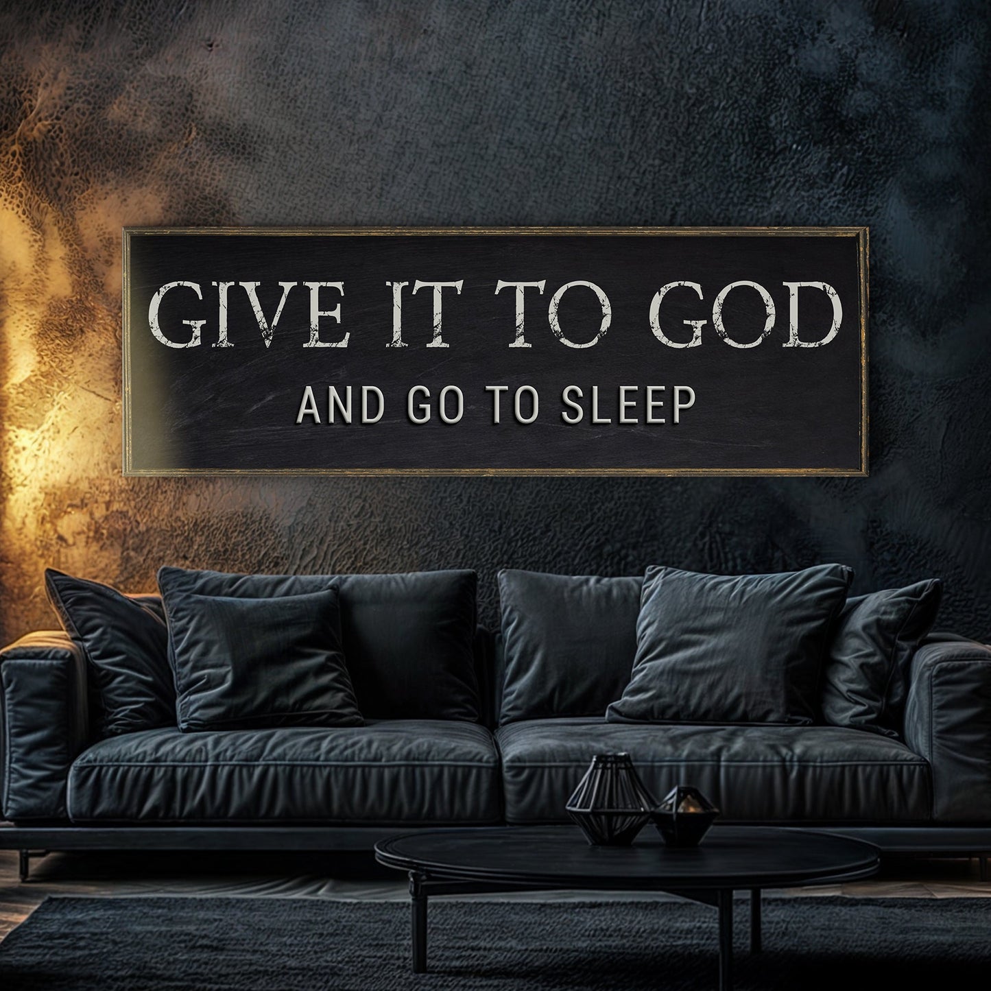 Canvas sign Give It To God And Go To Sleep in black with white text Tailored Canvases on Tampa Home & Garden Store