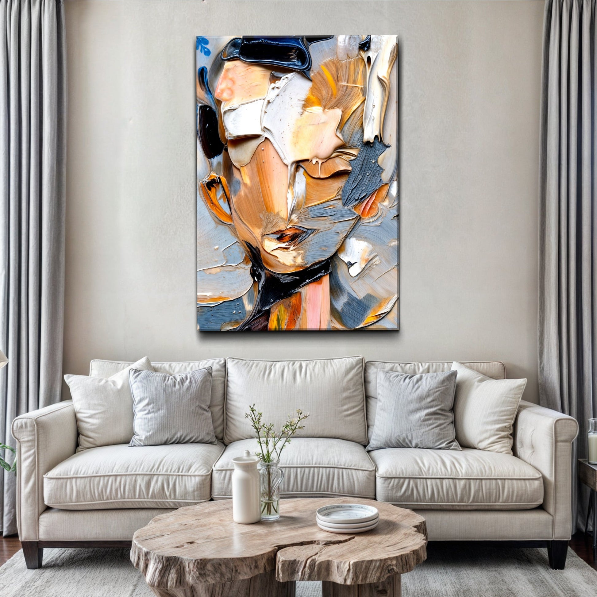 Beyond The Face Abstract Wall Art canvas by Tailored Canvases in blue orange beige impasto on Tampa Home & Garden Store