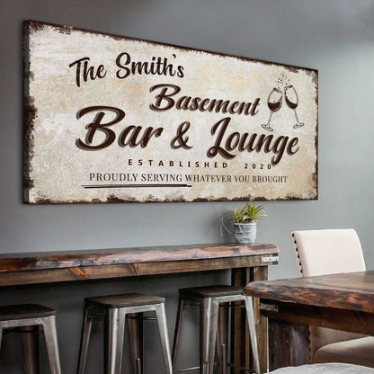 Canvas personalized basement bar sign by Tailored Canvases with rustic texture and wine glasses on Tampa Home & Garden Store