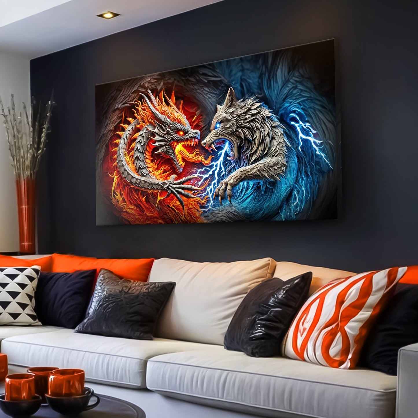 3D Dragon and Wolf Wall Art II canvas by Tailored Canvases, fiery dragon vs icy blue wolf on Tampa Home & Garden Store
