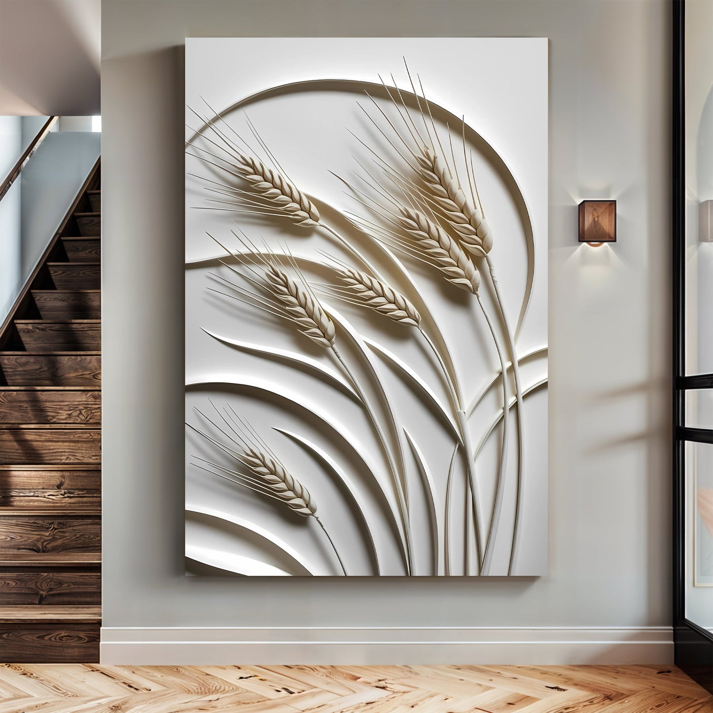 3D Minimalist Wheat Wall Art canvas by Tailored Canvases; beige wheat stalks on white background on Tampa Home & Garden Store