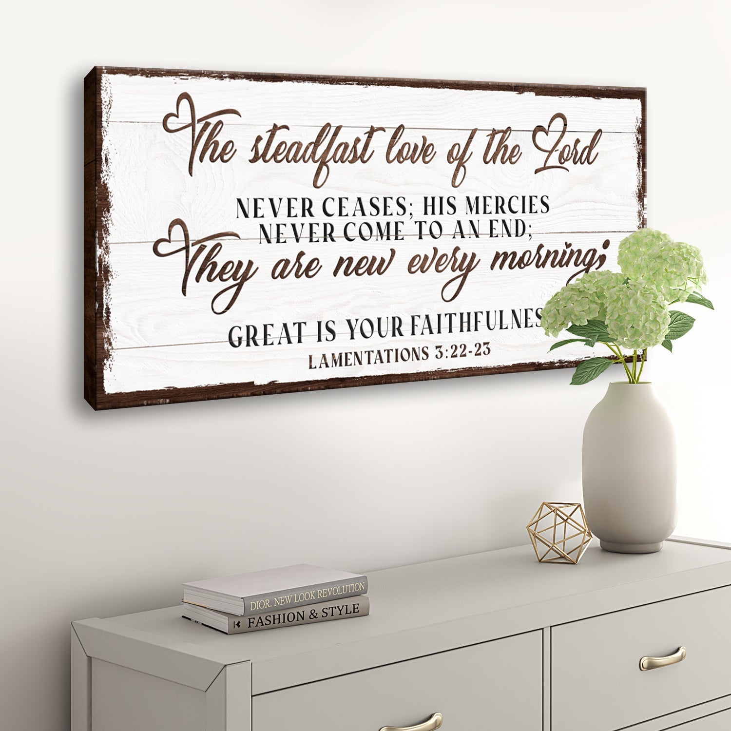 Tailored Canvases canvas sign with white wood and frame featuring Lamentations 3:22-23 on Tampa Home & Garden Store