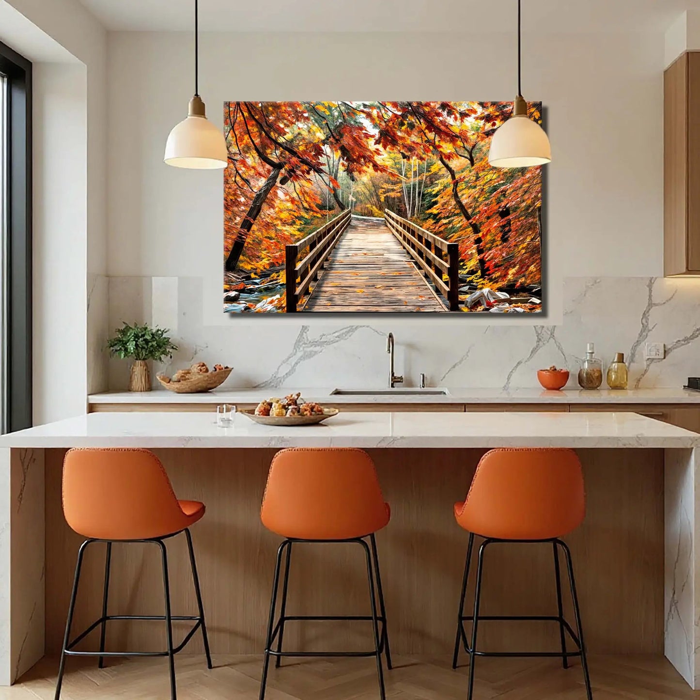 Crossing Autumn Wall Art canvas by Tailored Canvases shows a wooden footbridge among fall leaves on Tampa Home & Garden Store