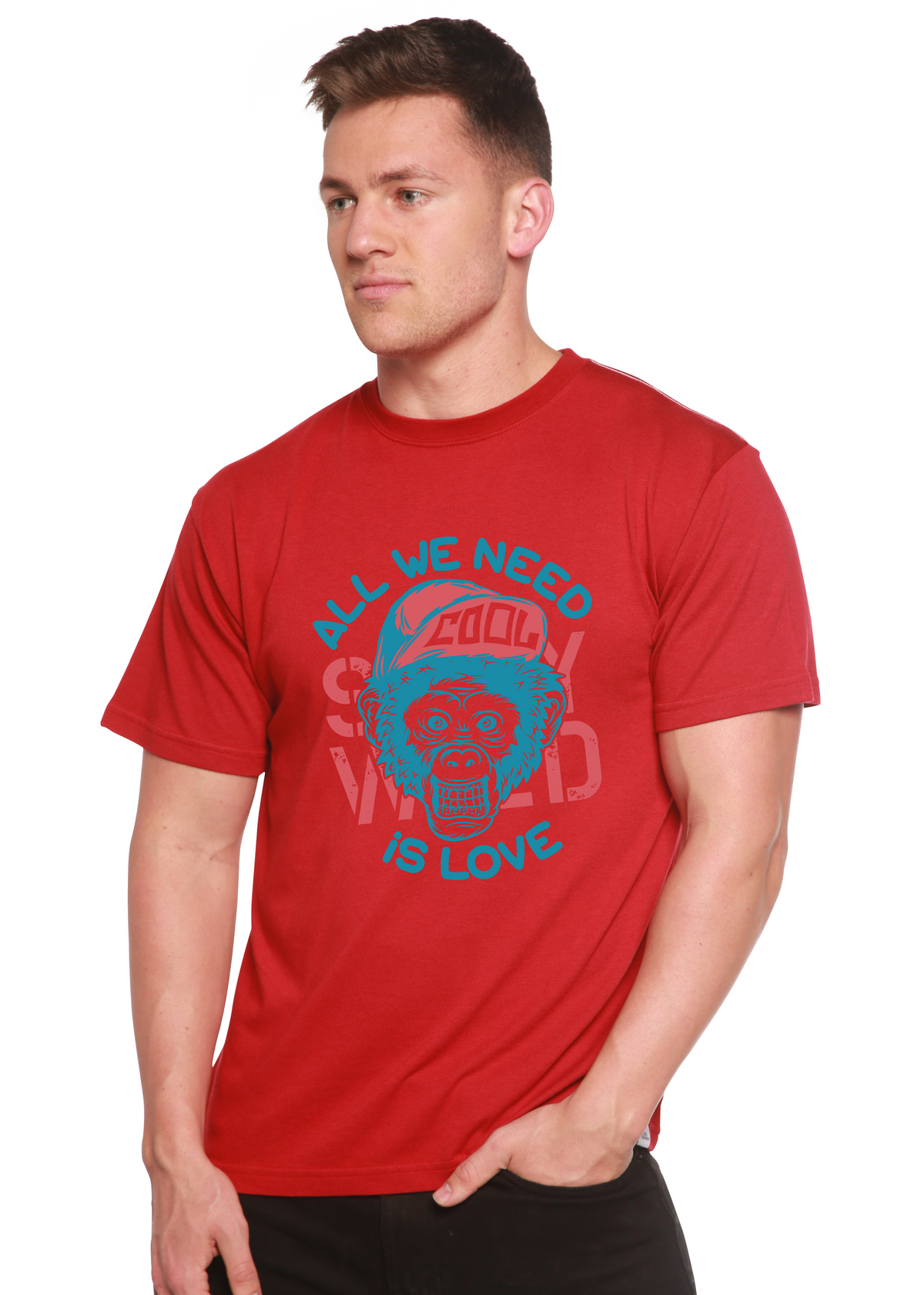 All We Need is Love men's red bamboo viscose/organic cotton graphic tee with blue monkey design on Tampa Home & Garden Store