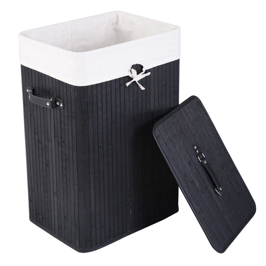 Rectangle Bamboo Hamper Laundry Basket Washing Cloth Bin Storage Bag Lid 3 color-Black - Tampa Home & Garden Store