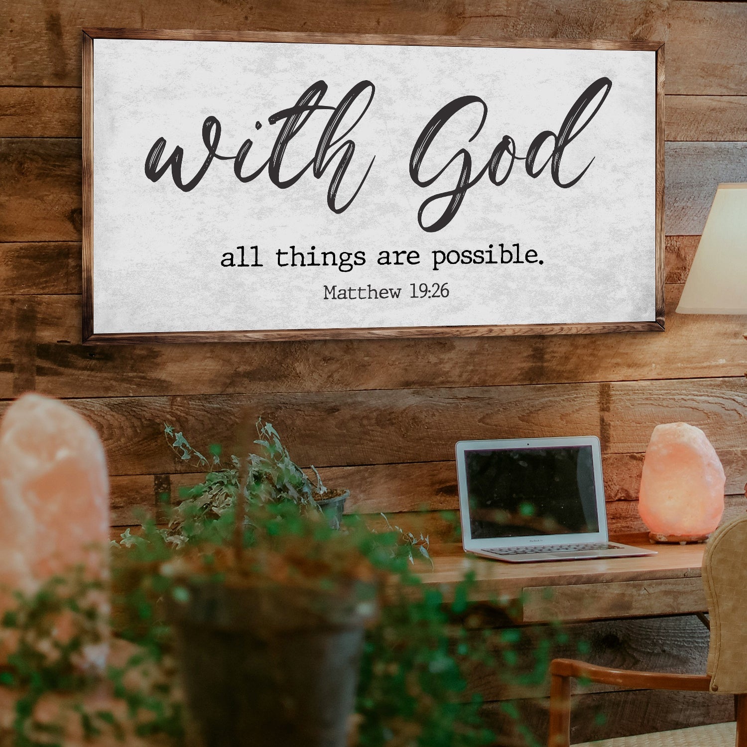 Canvas faith sign Tailored Canvases Matthew 19:26 with God all things are possible framed wood on Tampa Home & Garden Store