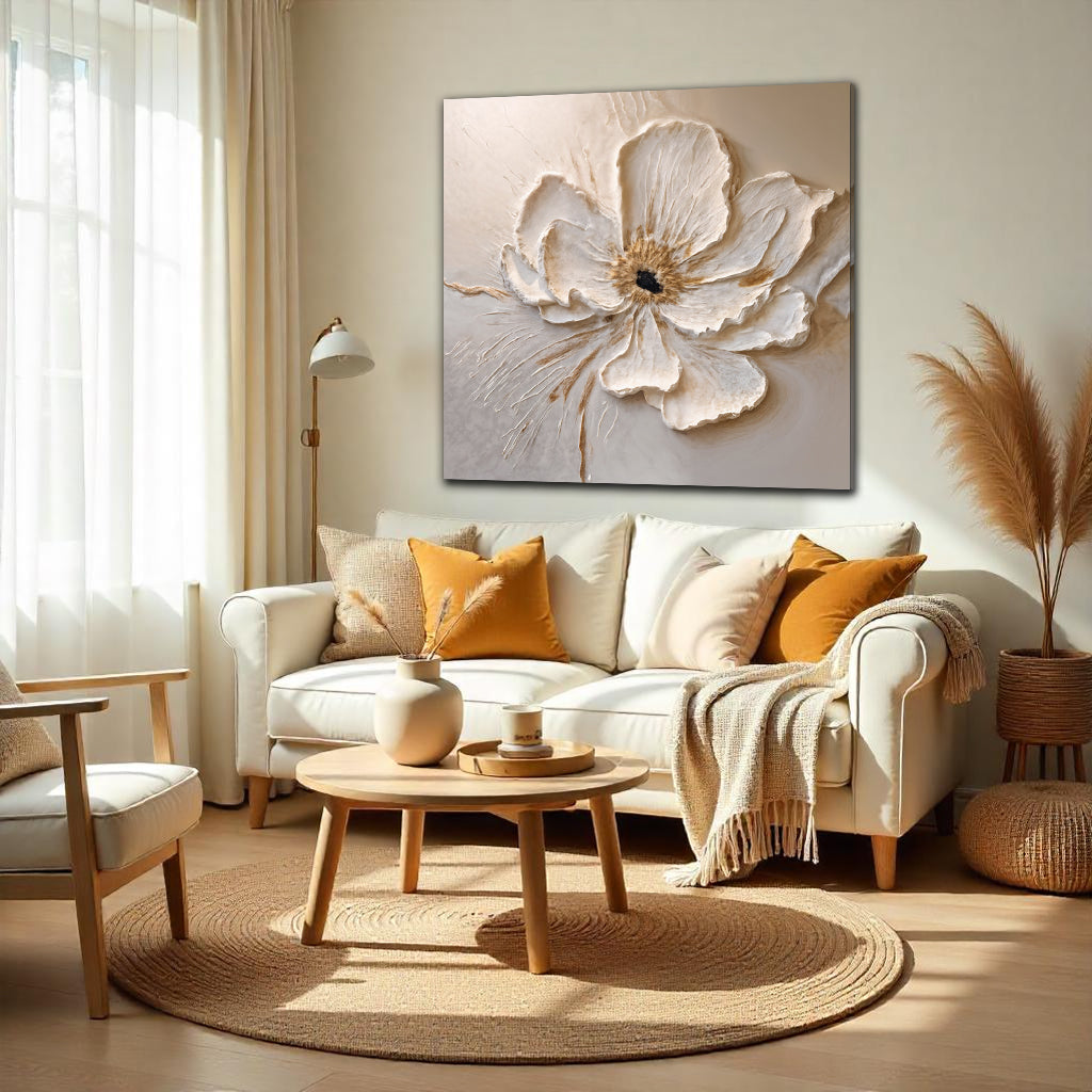 Floral Wall Art III canvas by Tailored Canvases; textured white bloom on beige backdrop on Tampa Home & Garden Store