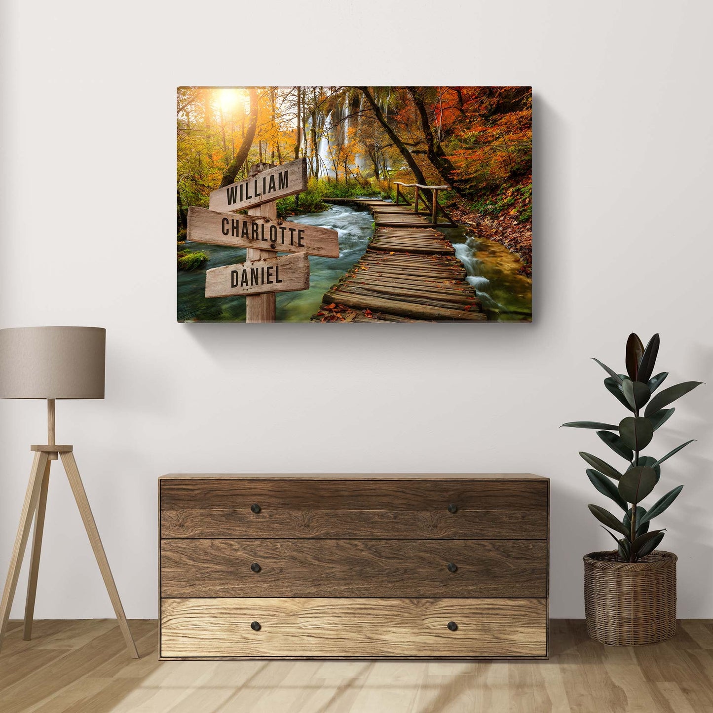 To The Woods Family Names Sign canvas featuring autumn forest signpost William Charlotte Daniel on Tampa Home & Garden Store