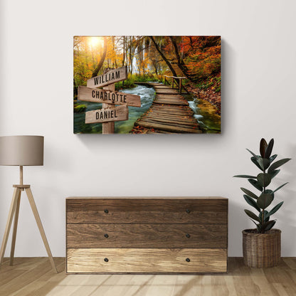 To The Woods Family Names Sign canvas featuring autumn forest signpost William Charlotte Daniel on Tampa Home & Garden Store