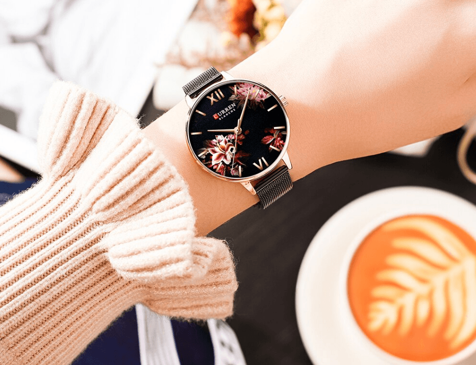 Womens watch Stevvex decoupage floral dial, large Roman numerals, rose-gold case, mesh strap on Tampa Home & Garden Store