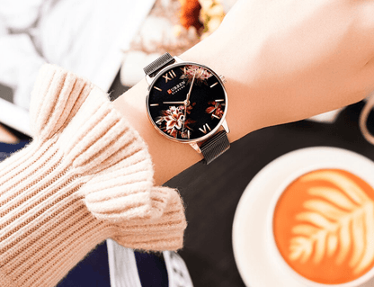 Womens watch Stevvex decoupage floral dial, large Roman numerals, rose-gold case, mesh strap on Tampa Home & Garden Store