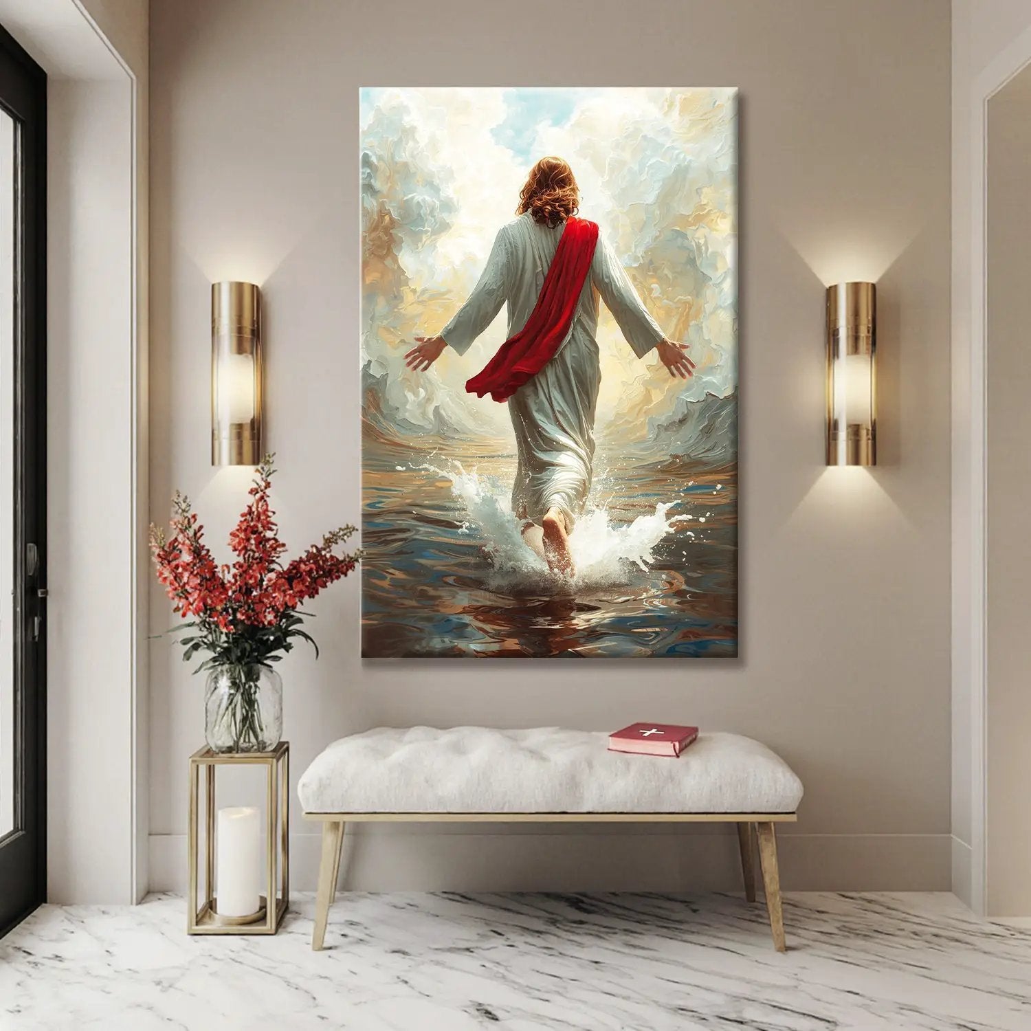 Jesus Christ Walking On Water Faith Wall Art IX canvas by Tailored Canvases with a red sash on Tampa Home & Garden Store
