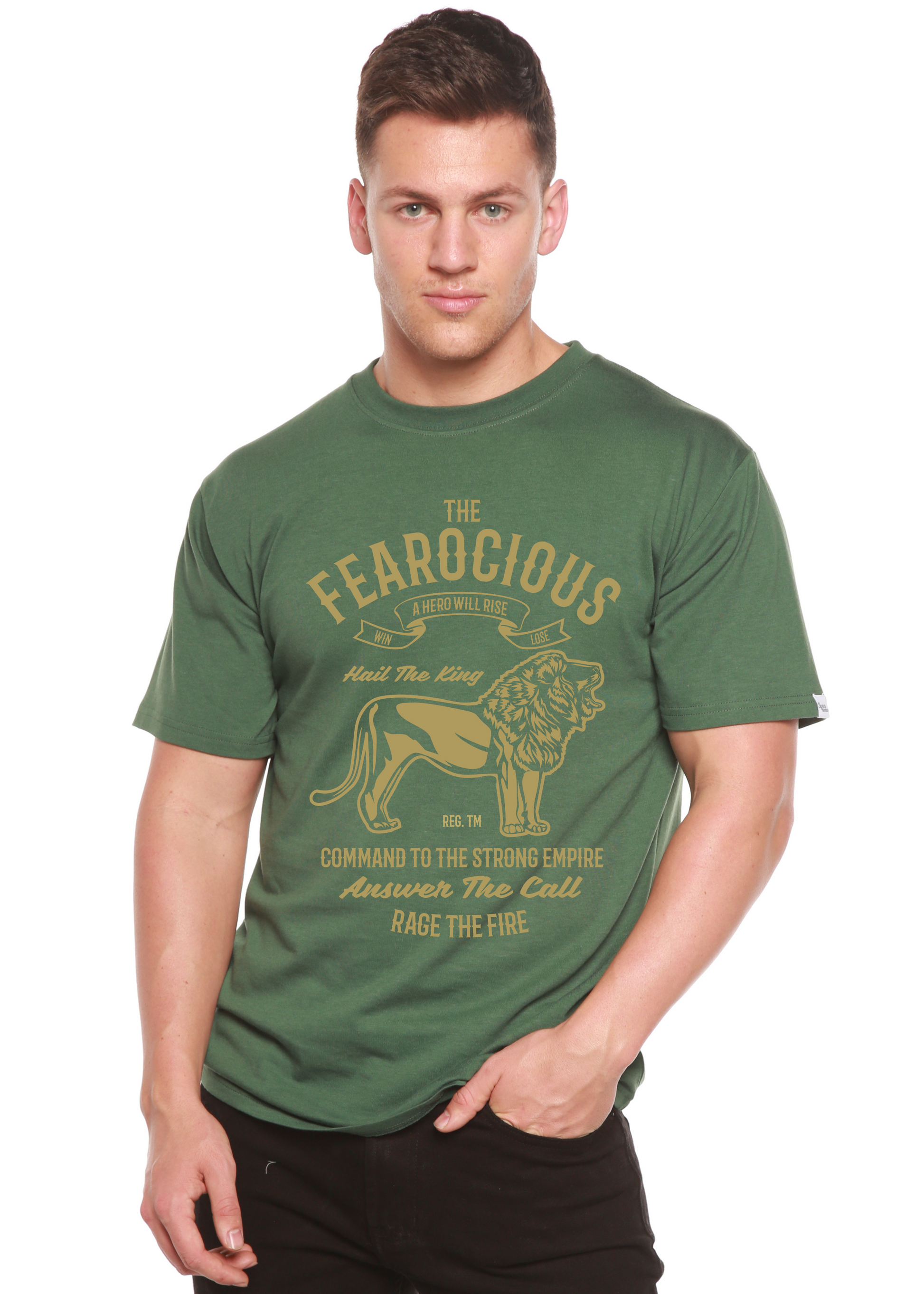 The Fearocious Spun Bamboo men's bamboo viscose/organic cotton tee in green with lion print on Tampa Home & Garden Store