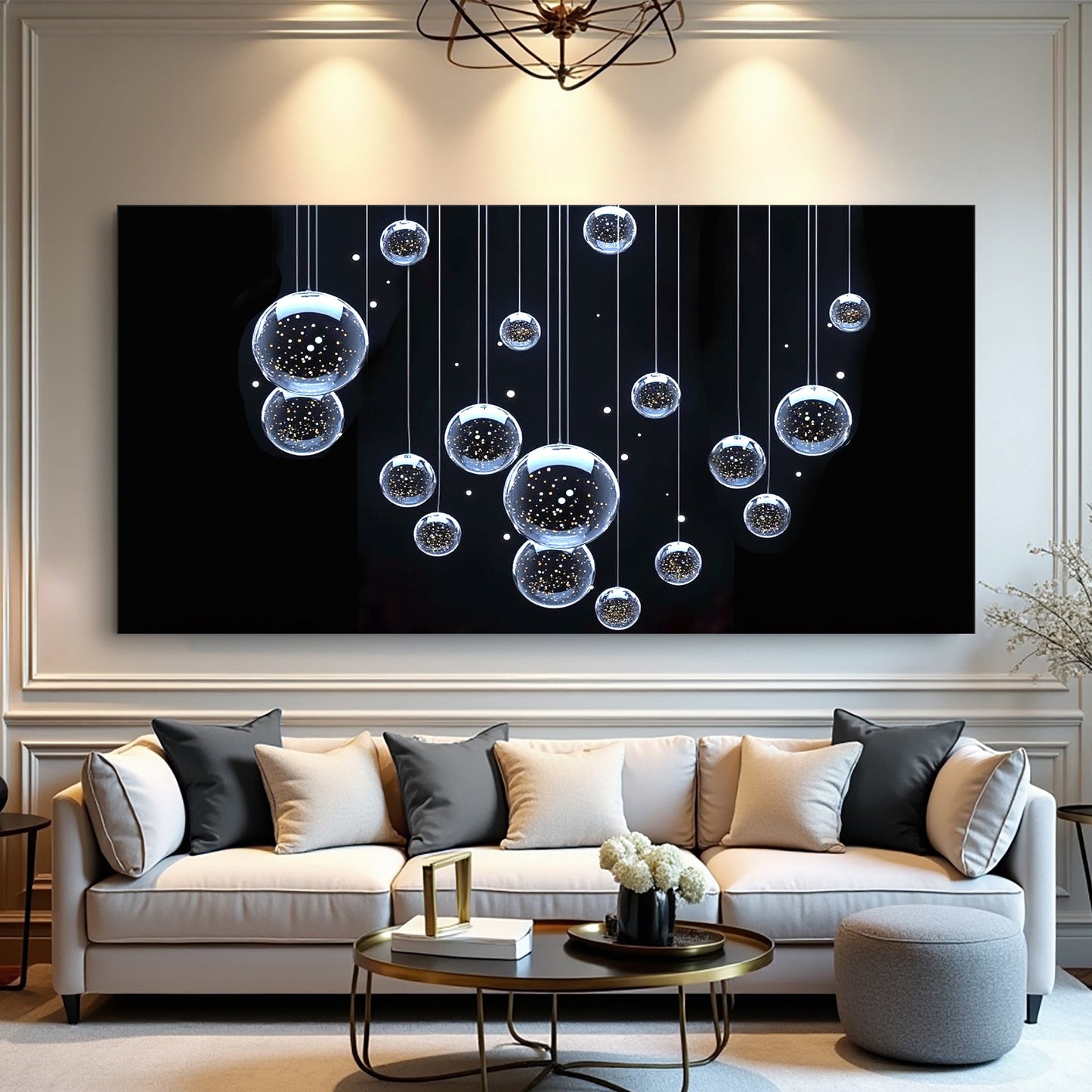 Modern Abstract Bubbles Canvas Wall Art by Tailored Canvases with hanging glass spheres on Tampa Home & Garden Store