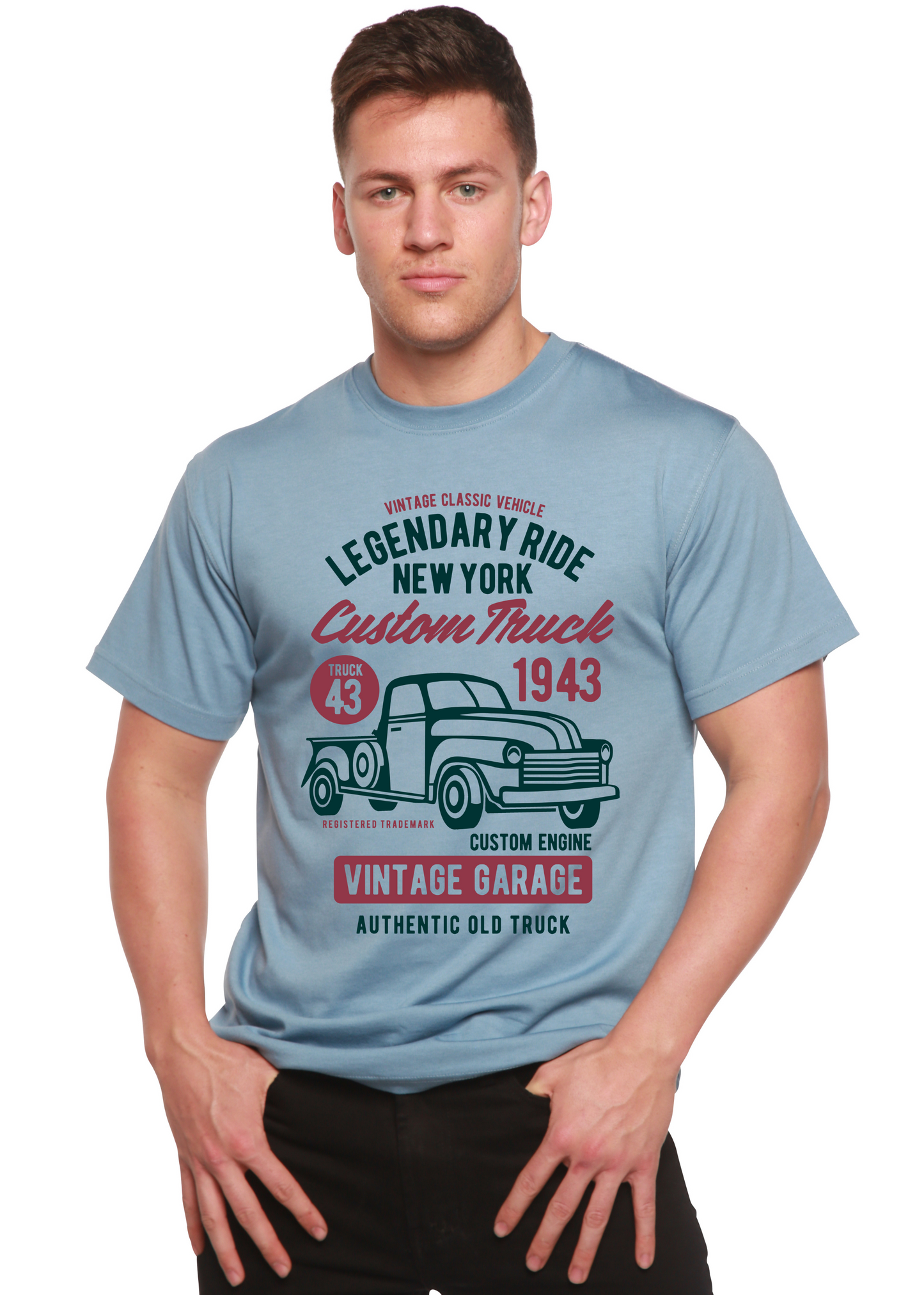 Legendary Ride Truck men's bamboo viscose/organic cotton tee in light blue with teal truck print on Tampa Home & Garden Store
