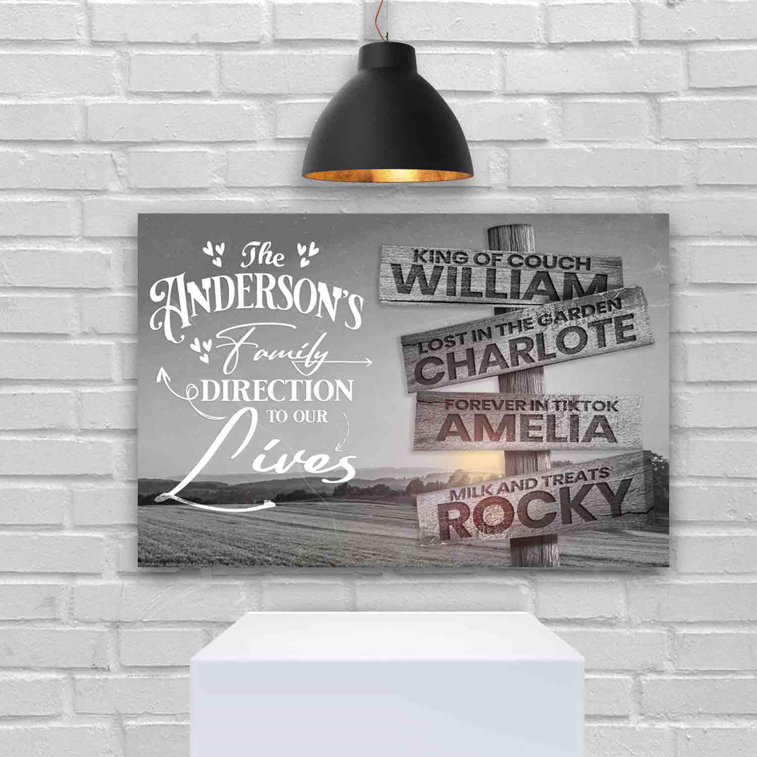 Canvas print Direction Of Our Lives Family Farm Names Sign III by Tailored Canvases in grayscale on Tampa Home & Garden Store