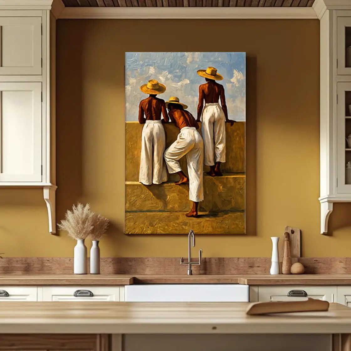 Canvas wall art The Summer Watchers by Tailored Canvases: three women in hats on steps on Tampa Home & Garden Store