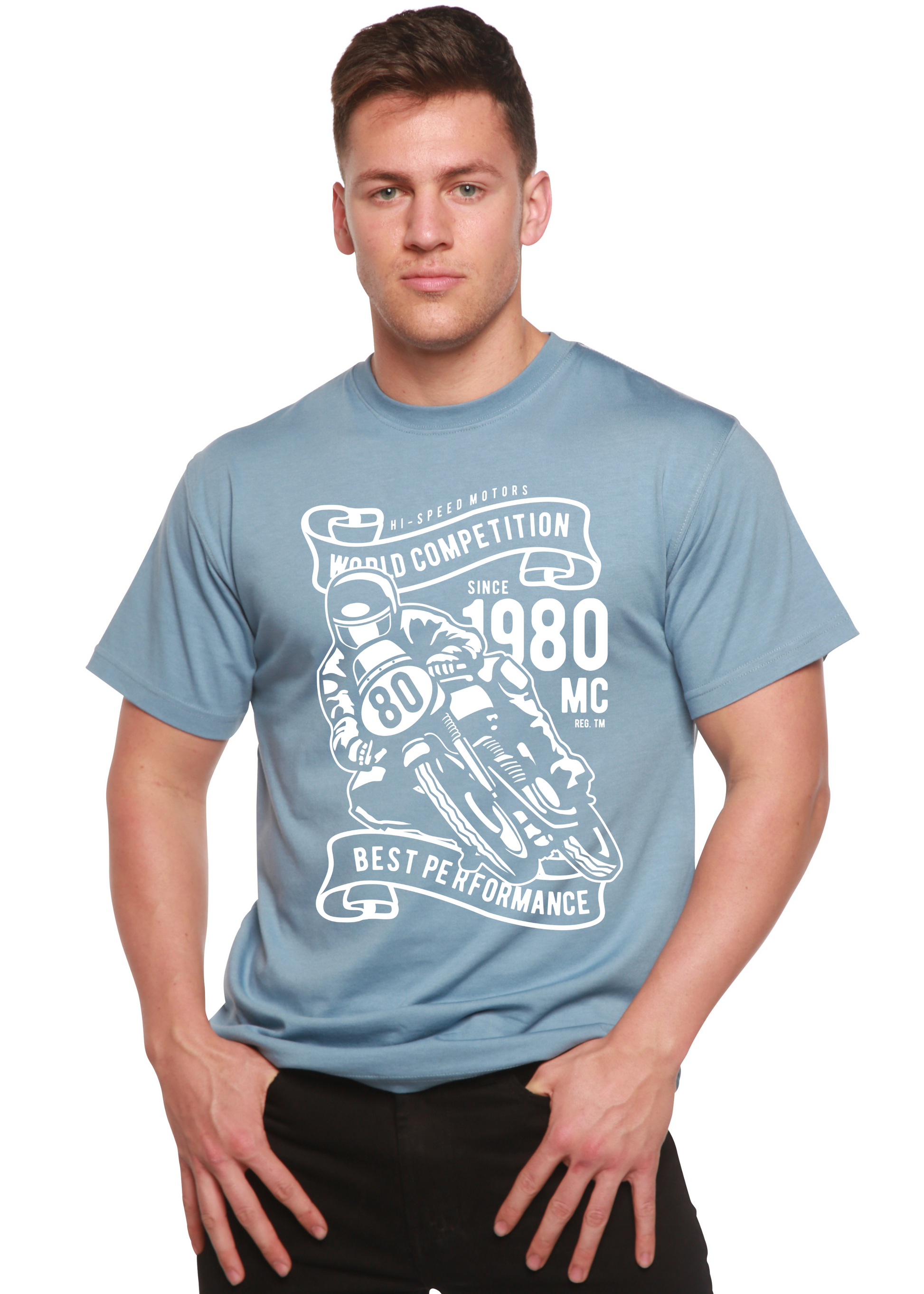 World Competition men's bamboo T-shirt in blue with white racer print by Spun Bamboo on Tampa Home & Garden Store