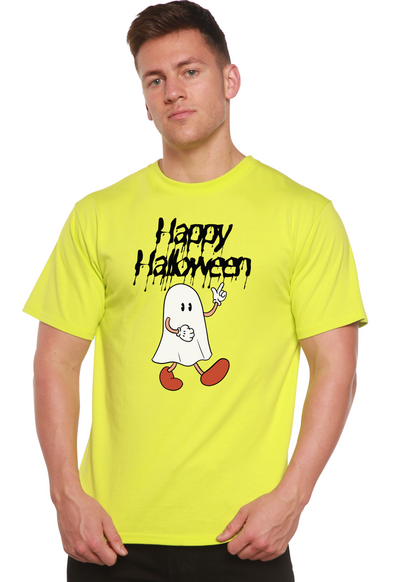 Men's neon yellow Happy Halloween graphic tee in bamboo viscose/organic cotton, Spun Bamboo on Tampa Home & Garden Store