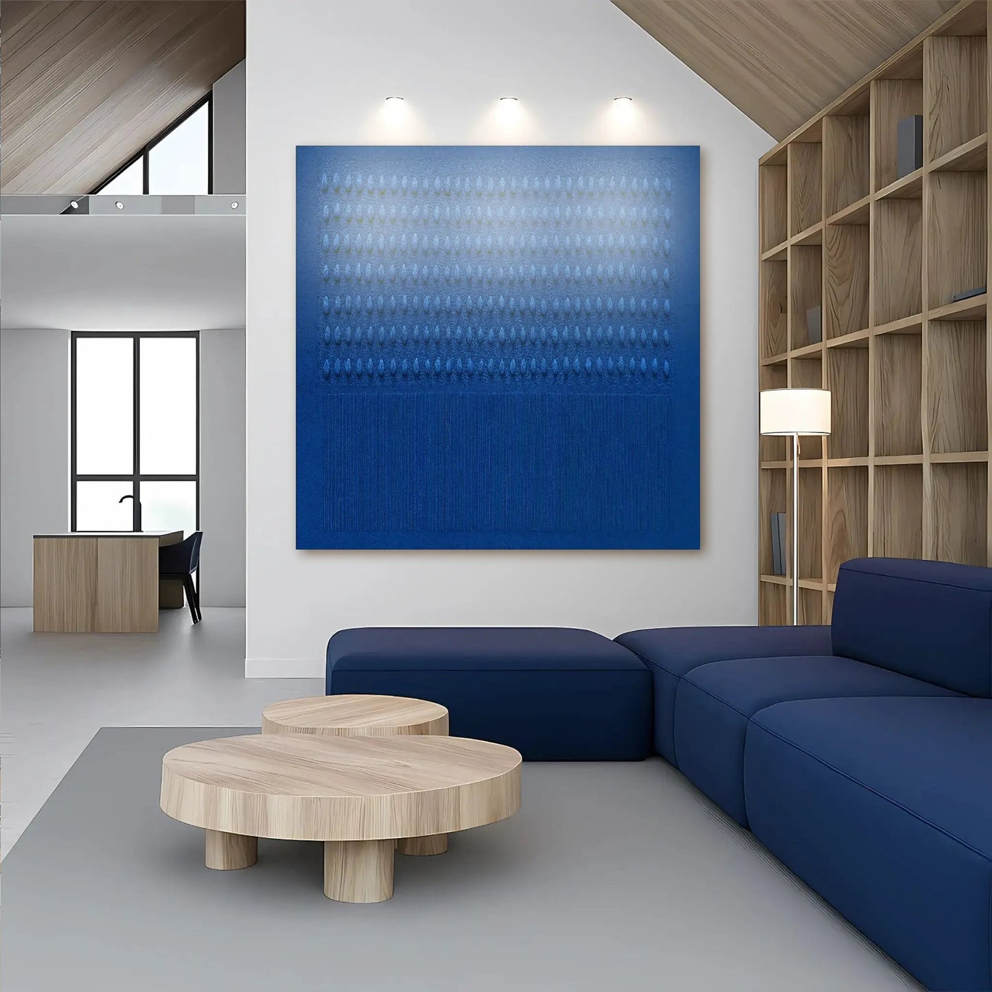 Minimalist blue gradient abstract canvas wall art with a textured oval pattern on Tampa Home & Garden Store