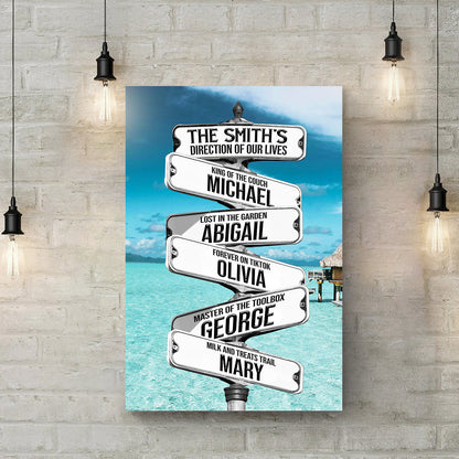 Canvas Direction Of Our Lives Sign by Tailored Canvases; name panels against turquoise sea on Tampa Home & Garden Store