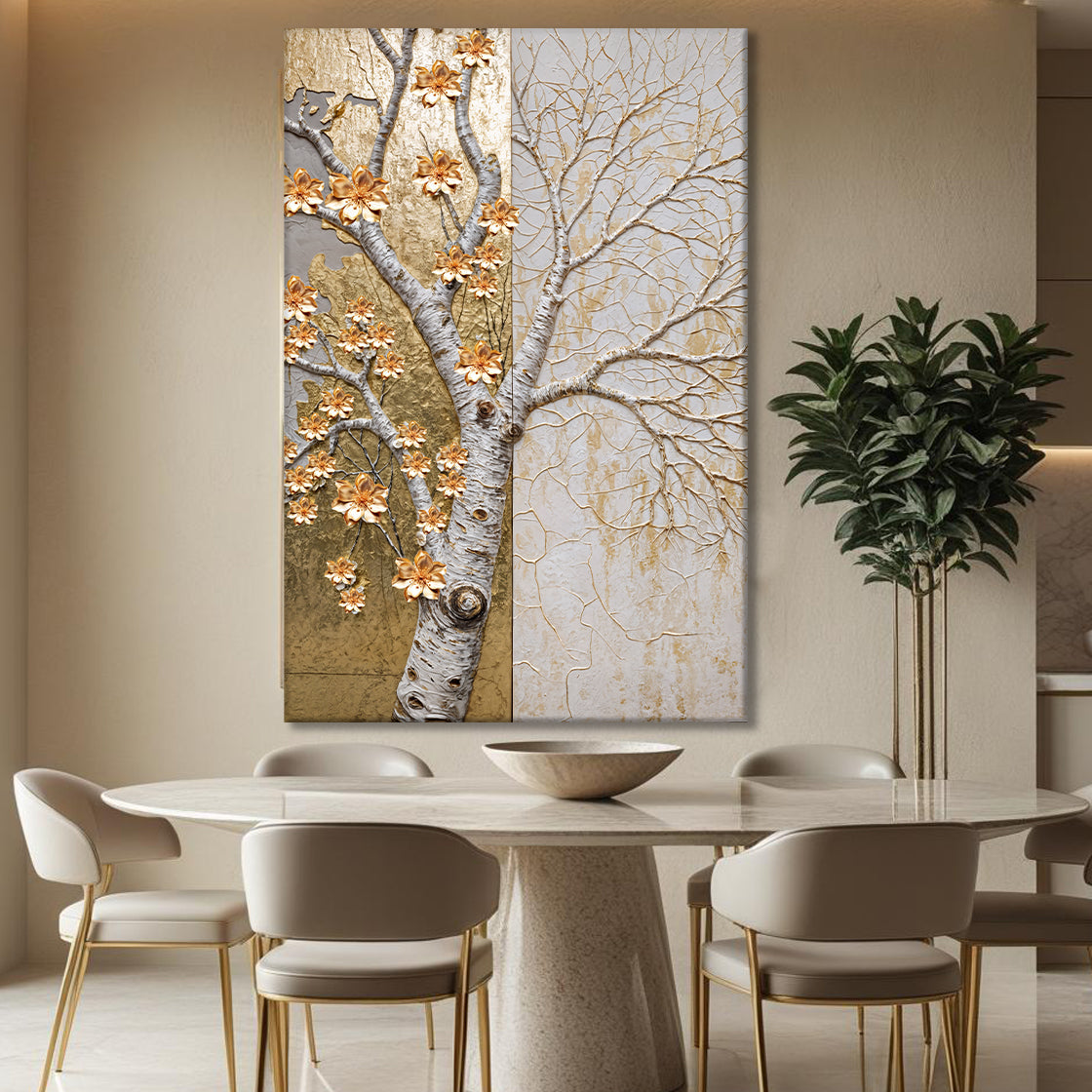 Ivory Seasons Wall Art canvas triptych: tree in gold and ivory by Tailored Canvases on Tampa Home & Garden Store