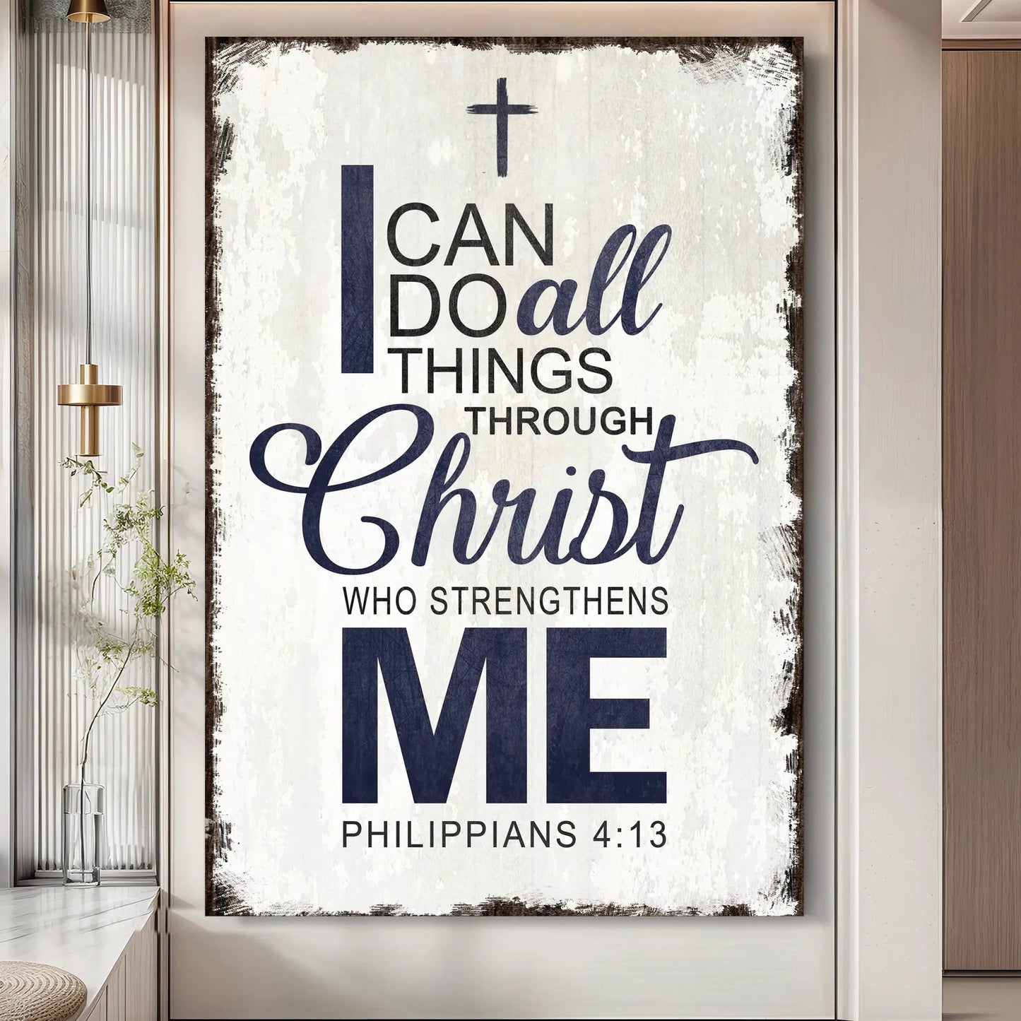 Canvas faith sign Tailored Canvases with distressed white background and navy Philippians 4:13 on Tampa Home & Garden Store