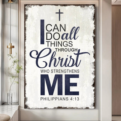 Canvas faith sign Tailored Canvases with distressed white background and navy Philippians 4:13 on Tampa Home & Garden Store