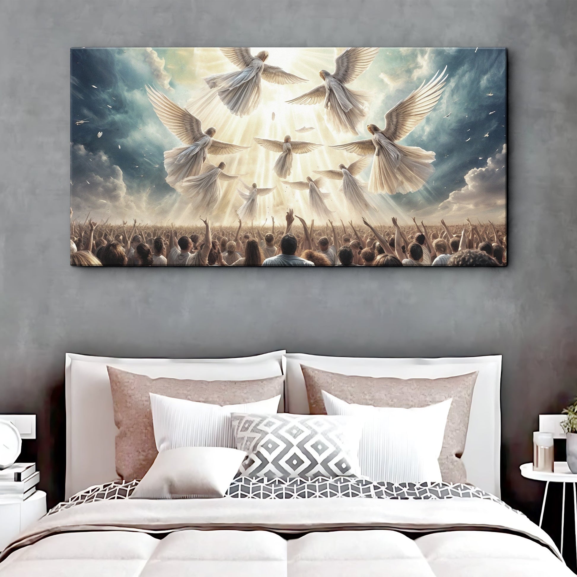 Praise - Faith Wall Art canvas by Tailored Canvases, angels bathed in light above crowd on Tampa Home & Garden Store