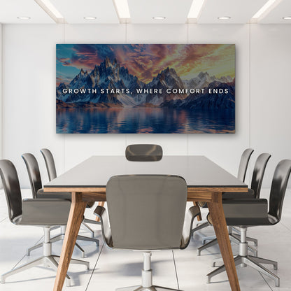 Growth Starts Where Comfort Ends canvas wall sign with mountain landscape by Tailored Canvases on Tampa Home & Garden Store