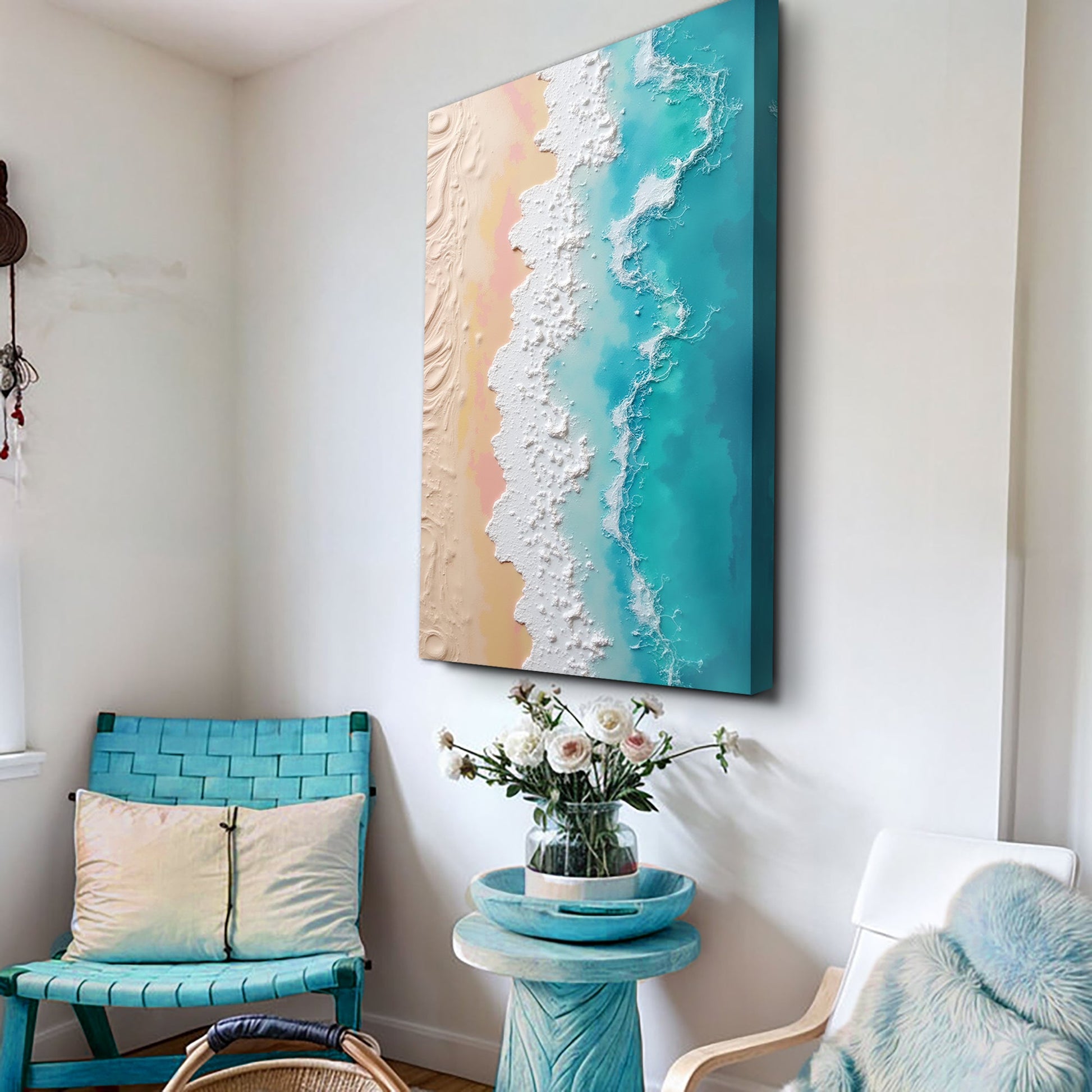 3D minimalist pink and blue ocean canvas by Tailored Canvases with textured waves on teal edges on Tampa Home & Garden Store