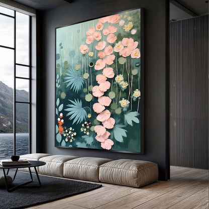 Secret Garden Wall Art II canvas by Tailored Canvases with pink blossoms on teal background on Tampa Home & Garden Store