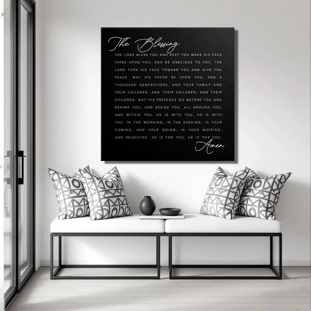 The Blessing Faith Sign III canvas by Tailored Canvases, black background with white script text on Tampa Home & Garden Store