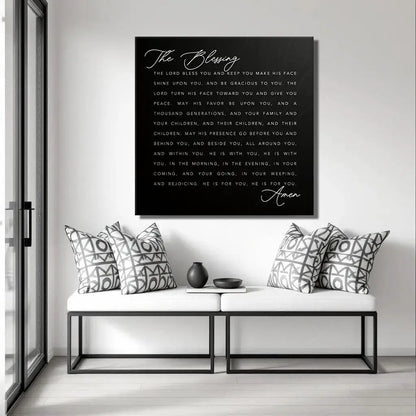 The Blessing Faith Sign III canvas by Tailored Canvases, black background with white script text on Tampa Home & Garden Store