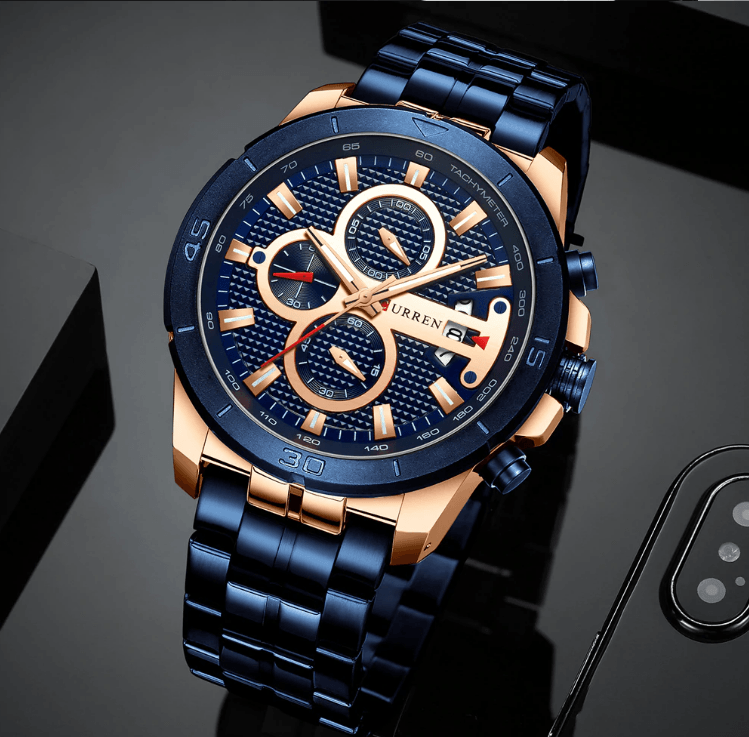 Men's Stevvex ST1N2150MLK1 waterproof watch with chronograph, blue dial, rose gold case, day/date on Tampa Home & Garden Store