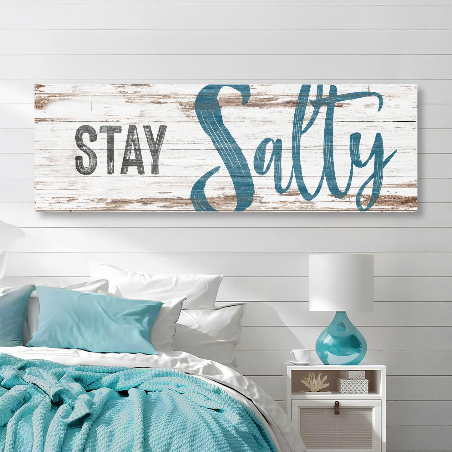 Stay Salty Coastal Sign VIII canvas wall art with weathered white wood and blue script on Tampa Home & Garden Store